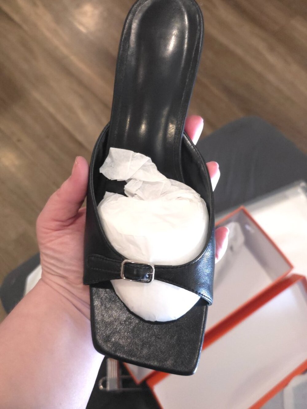 Black Mules with a Kitten heel and buckle detail